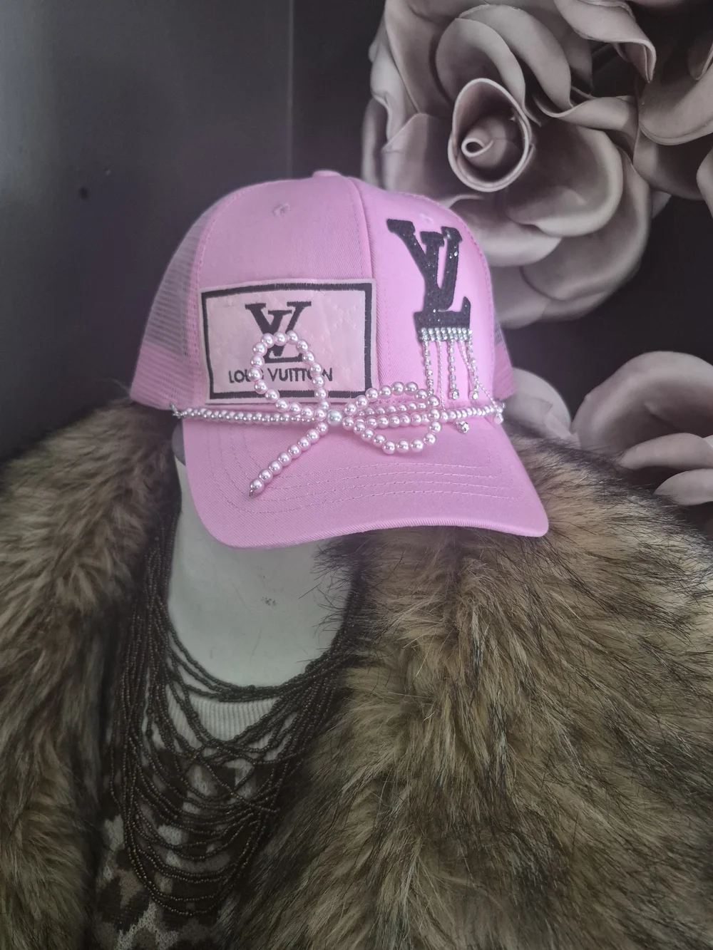 Designer Inspired Pink Embellished Mesh Baseball Cap